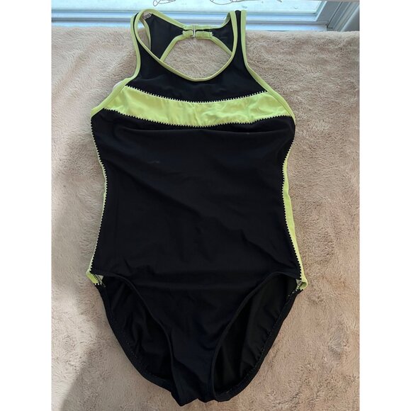 Black & Neon Green One-Piece Swimsuit With Open Back & Built-In Bra By Miraclesu - Picture 7 of 13